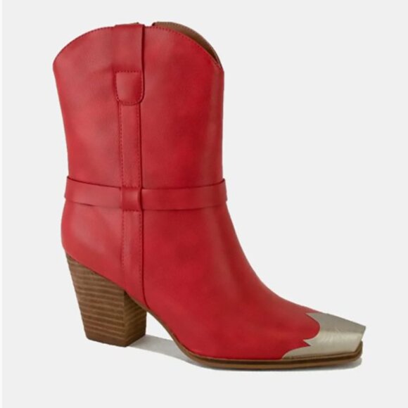 NWT BEAST FASHION Faux Leather Red Ankle Boots with Metallic Toe Detail, 3" Heel - Picture 2 of 3